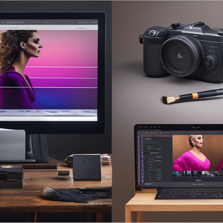 A split-screen image featuring a dance makeup artist's workstation with brushes, palettes, and mirrors on one side, and a laptop with a virtual classroom or online course website on the screen on the other side.