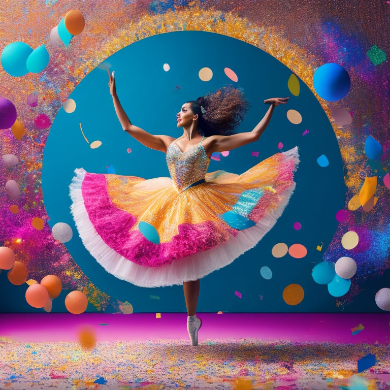 A whimsical illustration featuring a dancer surrounded by musical notes, confetti, and colorful swirls, with a subtle background of dance studio mirrors and a faint outline of a choreography diagram.