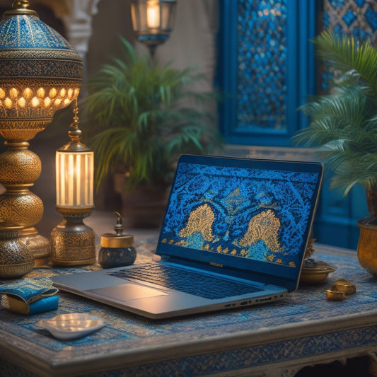 A warm, golden-lit laptop sits atop a vibrant turquoise ottoman, surrounded by intricately patterned Middle Eastern tiles, lush greenery, and a few strategically placed, exotic-looking lanterns.