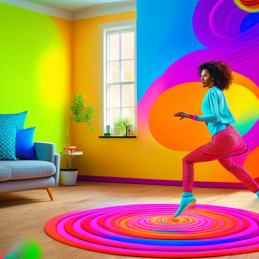 A vibrant, colorful illustration of a young adult dancing freely in a bright, minimalist room with a laptop and speaker in the corner, surrounded by swirling shapes and motion lines.