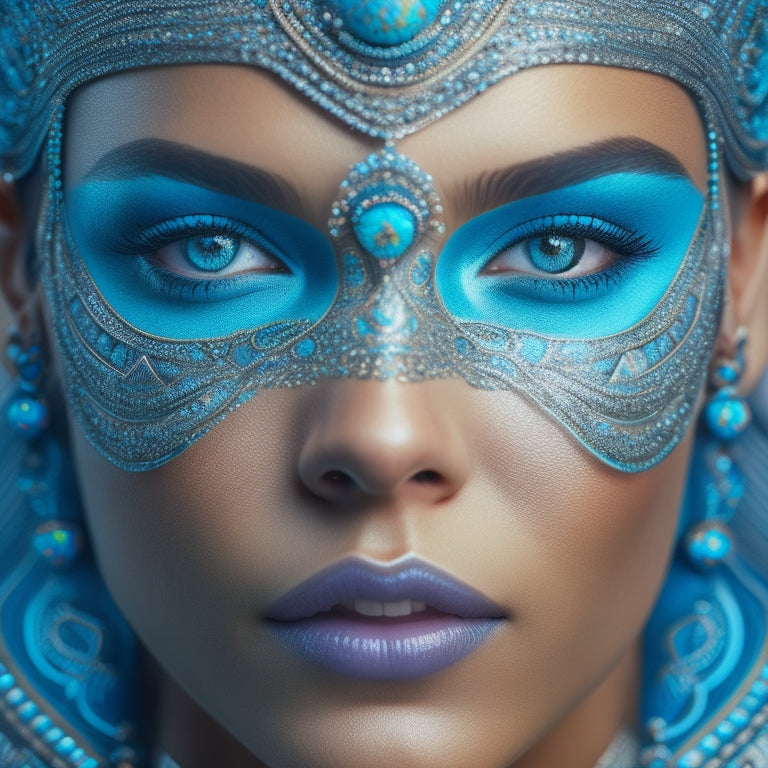 A close-up of a woman's face, adorned with an elaborate, swirling silver and turquoise design that resembles a mix of ancient hieroglyphics and celestial patterns, set against a dark, gradient background.