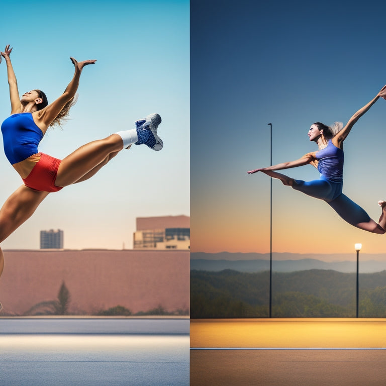 A split-screen image featuring a professional dancer in mid-leap on one side, and a customizable sports photo template with interchangeable backgrounds and icons on the other.