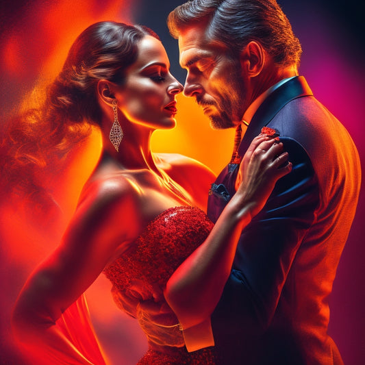 A dynamic, high-contrast illustration of a passionate tango dance couple, set against a dark, gradient background, with bold, expressive brushstrokes and vibrant, fiery hues of red and orange.