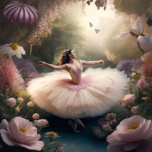 A whimsical illustration featuring a delicate, tutu-clad ballerina surrounded by swirling dance-inspired patterns, flowers, and butterflies, set against a soft, pastel-colored background with subtle glitter accents.