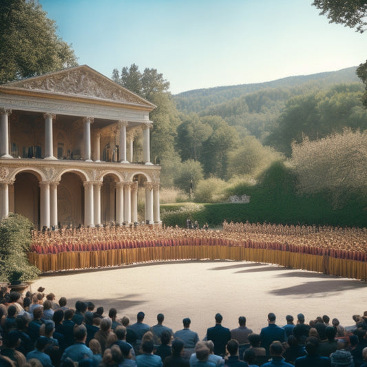 A grand, sun-drenched outdoor amphitheater filled with 200 dancers in intricately designed, historically-inspired costumes, posing in a majestic tableau vivant, surrounded by lush greenery and ornate architecture.