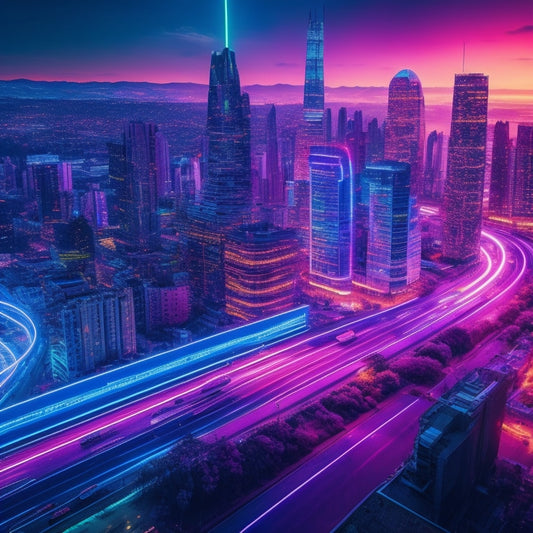 A futuristic, neon-lit cityscape at dusk, with sleek skyscrapers and holographic advertisements, featuring a giant, glowing download symbol () hovering above the city, surrounded by swirling circuits and wires.