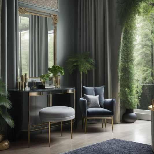 A serene, well-lit modern living room with a stylish makeup station, a comfortable chair, and a floor-to-ceiling mirror, surrounded by elegant curtains and lush greenery, with subtle, warm lighting.