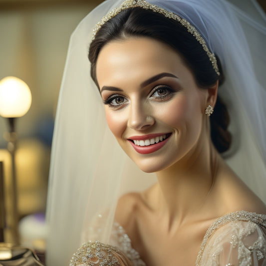 A soft-focus, golden-hour portrait of a smiling makeup artist, surrounded by bridal beauty tools, with a stunning wedding dress and veil draped elegantly in the background.