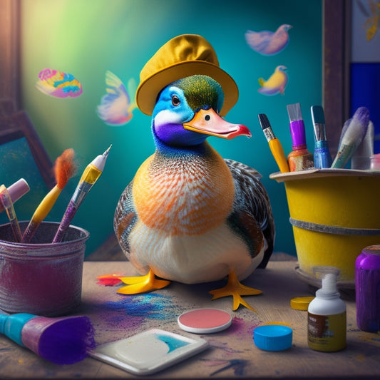 A whimsical illustration of a duck wearing a painter's beret and holding a paint-splattered palette, surrounded by vibrant, swirling shapes and colors, amidst a subtle background of artistic supplies.