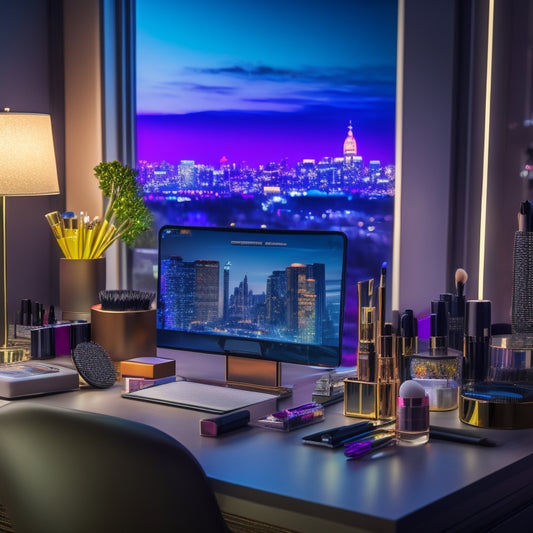 A glamorous, well-lit makeup station with an array of colorful cosmetics, brushes, and mirrors, surrounded by a laptop and notebook, with a subtle background of a cityscape or a beauty salon.