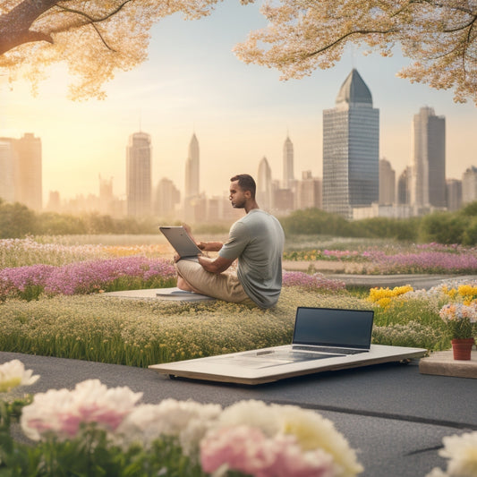 A serene background with a person in the center, surrounded by laptops and tablets, with balance scales and a yoga mat at their feet, amidst blooming flowers and a subtle cityscape in the distance.