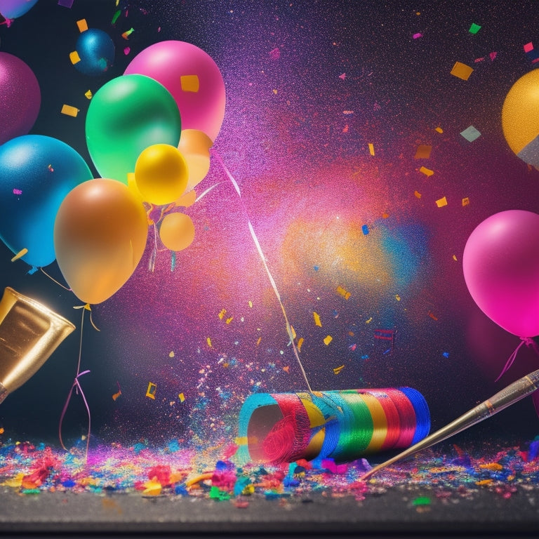 A colorful, dynamic illustration featuring a spotlight shining on a canvas with paintbrushes, musical notes, and film strips swirling around it, surrounded by confetti and balloons.