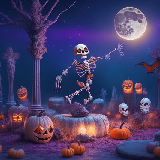 A whimsical illustration of a skeleton dancing in a moonlit graveyard, surrounded by cobwebs, bats, and jack-o'-lanterns, with a subtle gradient of orange and purple hues, evoking a spooky yet festive atmosphere.