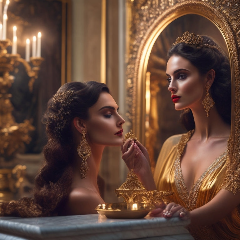 A majestic, ornate mirror reflects a stunning model posing in a lavish, velvet-draped Milanese palazzo, surrounded by marble statues, candelabras, and opulent furnishings, bathed in soft, golden light.