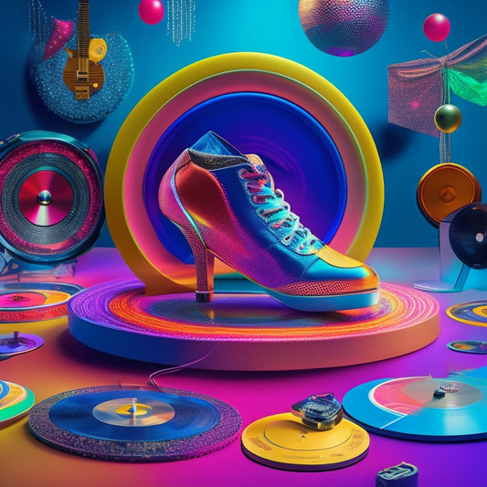 A colorful, eclectic illustration featuring a vinyl record surrounded by various dance-inspired elements, including a pair of dancing shoes, a disco ball, and musical notes in vibrant hues.