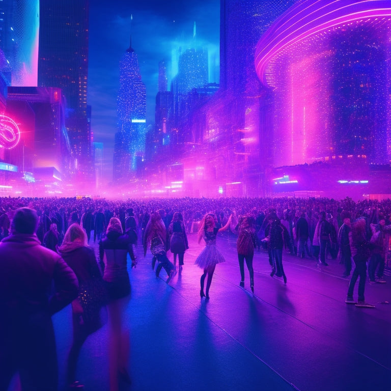 A futuristic, neon-lit cityscape at dusk, with holographic dancers in mid-air, surrounded by swirling, shimmering lights and pulsing music waves, amidst a crowd of mesmerized onlookers.