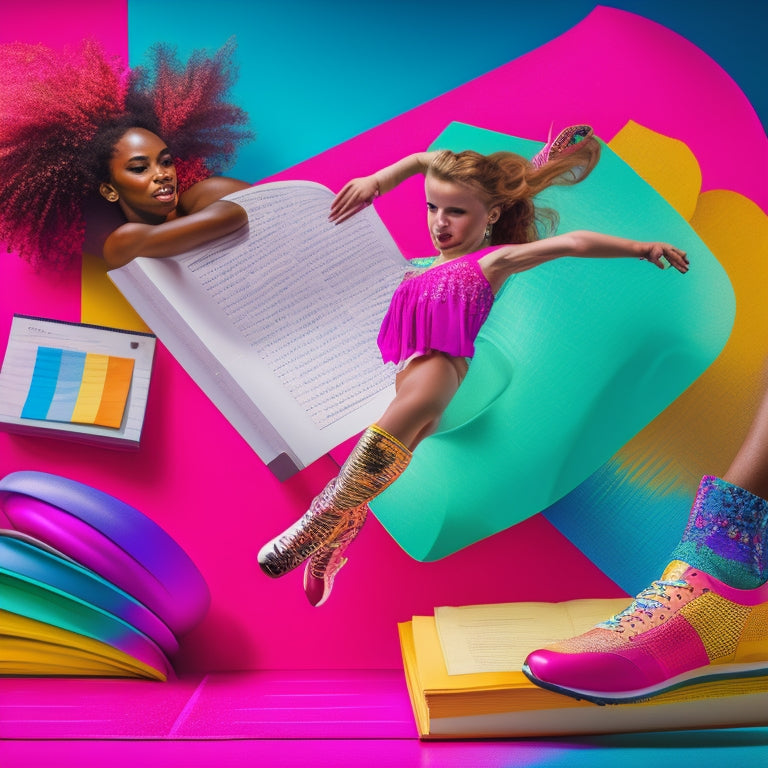 A vibrant illustration of a dancer in mid-leap, surrounded by swirling dance schedules, colorful sticky notes, and scattered dance shoes, with a sleek, modern planner open in the background.