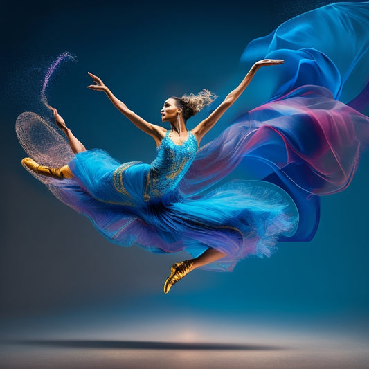 A stylized illustration of a dancer in mid-leap, surrounded by swirling musical notes, abstract brushstrokes, and subtle hints of blueprints, conveying creativity, movement, and innovation in dance education.