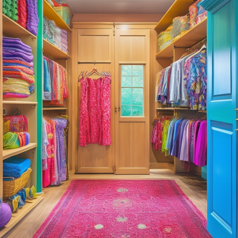 A spacious walk-in closet featuring a custom-built costume organizer, showcasing colorful costumes on hangers, neatly arranged bins for accessories, and a mirror reflecting a whimsical, organized space filled with vibrant fabrics and playful designs.