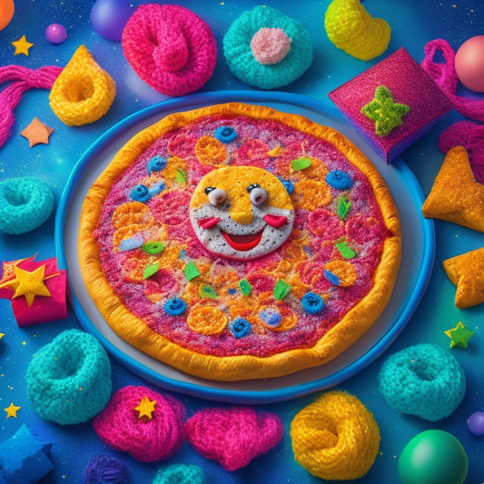 A whimsical illustration of a pizza with a smiling face, wearing a party hat, surrounded by colorful, swirling crochet yarn and dancing graphgan squares, set against a vibrant, starry night sky.