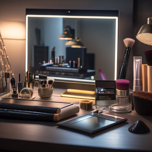 A bright, well-lit vanity with a mirror reflecting a partially made-up face, surrounded by various makeup brushes, palettes, and a laptop open to an online course webpage.