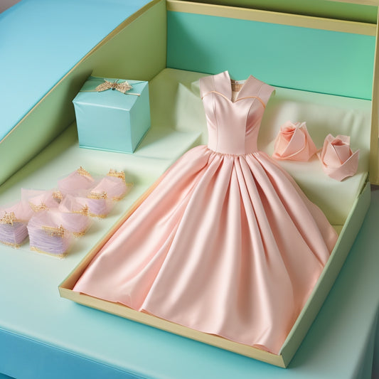 A delicate, floor-length prom dress in a soft, pastel shade is carefully placed in a sturdy, rectangular dress box with a clear plastic window, surrounded by tissue paper.