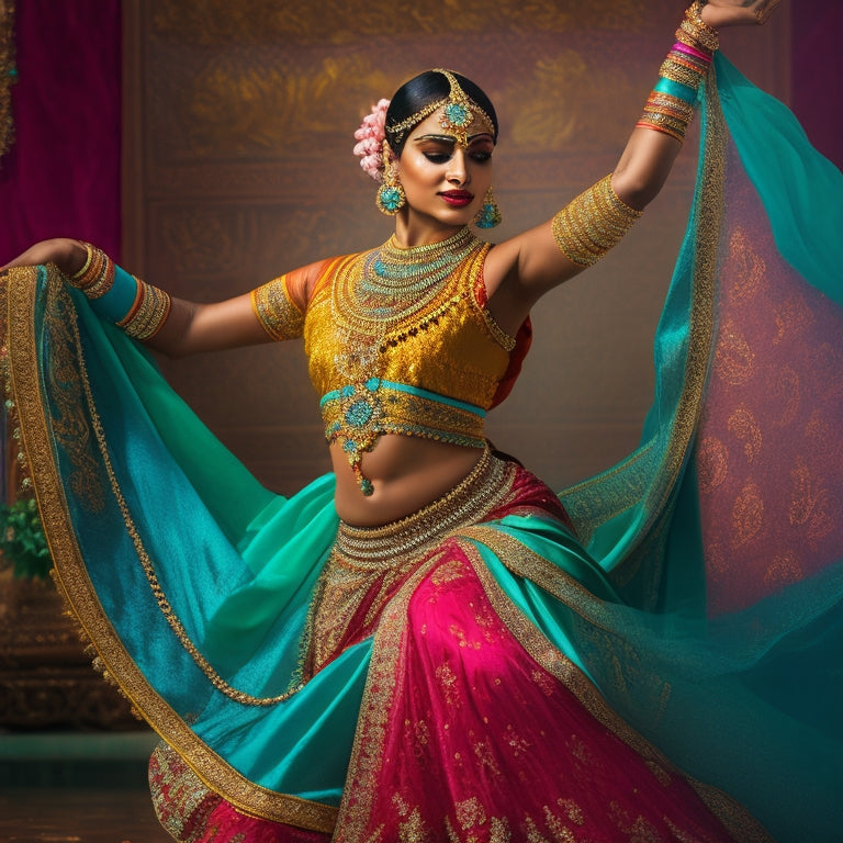 A vibrant illustration of an Indian classical dancer in motion, adorned with intricate jewelry and flowing silk fabrics, set against a rich, turquoise background with golden accents and delicate patterns.