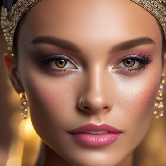 A close-up of a dancer's face, spotlight shining down, with flawless digital makeup: smoky eyes, bold lashes, and radiant complexion, surrounded by dance-inspired props like a tiara, dance shoes, or a ballet barre.