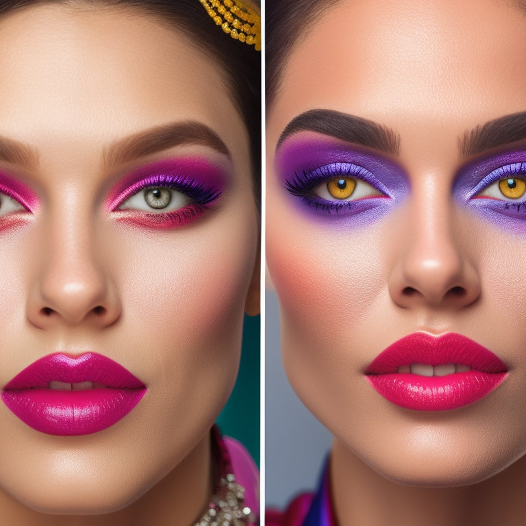 A split-screen image featuring a before-and-after transformation: a plain face on the left, and on the right, a vibrant, colorful, glamorous face with bold eyeliner, bright lipstick, and intricately designed eye shadow.