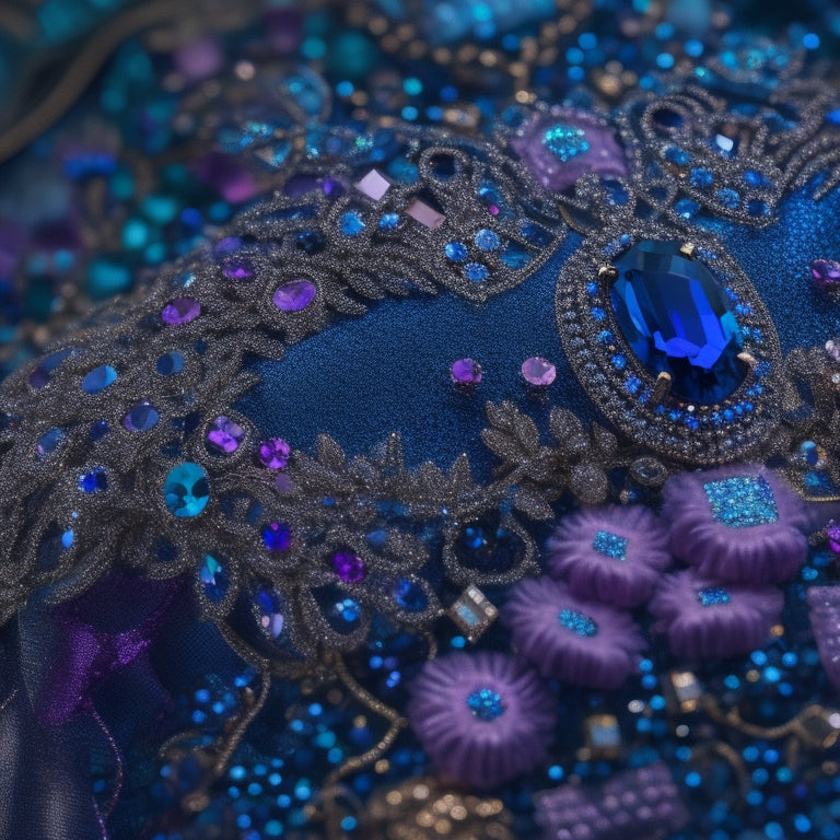 A mesmerizing, intricate illustration of a rhinestone-encrusted garment, featuring a cascade of shimmering crystals in shades of sapphire, amethyst, and rose quartz, against a velvety black background.