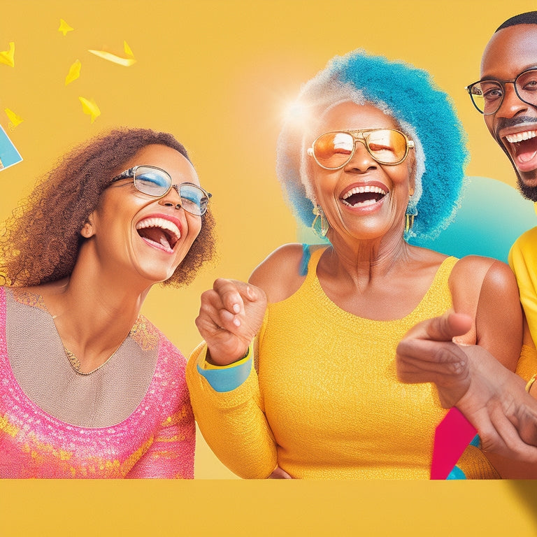 A vibrant illustration of diverse people of all ages, laughing and dancing, surrounded by colorful cards with fun, energetic poses and gestures, against a bright, sunny yellow background.