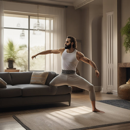 A fit, bearded man in his 30s, wearing a white tank top and black sweatpants, stands in a modern living room, practicing a dynamic Arabic dance move, surrounded by Middle Eastern-inspired decor.