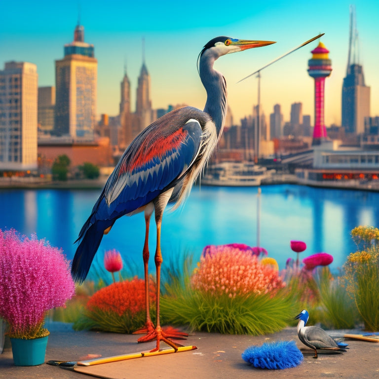 A whimsical illustration of a heron standing on one leg, surrounded by scattered paintbrushes, colorful feathers, and half-finished artistic projects, with a subtle cityscape in the background.