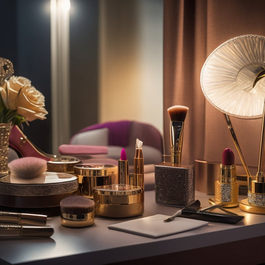 A spotlight shines on a vanity table, cluttered with an array of makeup brushes in various shapes and sizes, surrounded by glamorous dance-inspired makeup products and a few strategically placed dance shoes.