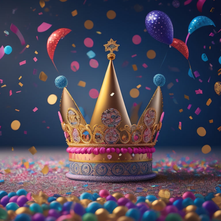 A whimsical illustration featuring a giant, glittering high school crown surrounded by colorful, swirling patterns of confetti, balloons, and streamers, with a subtle hint of controversy in the shadows.