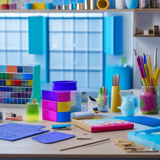 A colorful, clutter-free workspace with assorted acrylic blanks in various shapes, sizes, and colors, surrounded by crafting tools and supplies, with a few half-finished projects in the background.