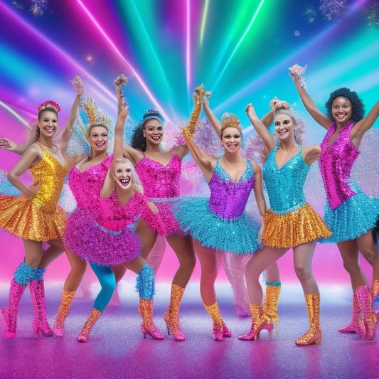 A vibrant, colorful illustration of a group of diverse, energetic dance moms, each wearing custom DIY costumes with glittery fabrics, rhinestones, and sequins, striking dynamic poses in a dance studio setting.