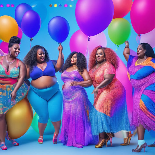 A vibrant illustration featuring diverse plus-size dancers of various ages, ethnicities, and abilities, gathered around a laptop, surrounded by dance-inspired icons and colorful balloons, conveying a sense of community and joy.