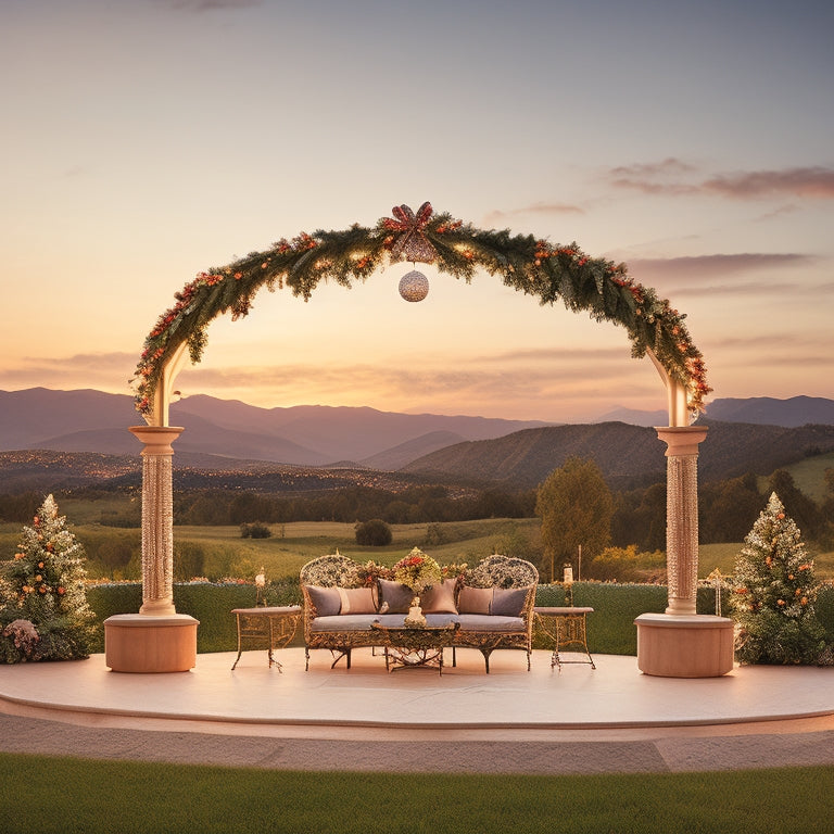 A whimsical illustration of a festive outdoor setting at sunset, featuring a grand, ornate stage with a ballet barre, surrounded by lush greenery, twinkling string lights, and a subtle hint of the Santa Ynez Mountains in the background.