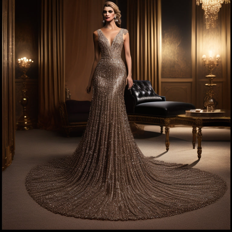 A luxurious, floor-sweeping evening gown with intricate, hand-beaded fringe that shimmers like diamonds against a dark, velvet background, surrounded by scattered beads and a hint of glamorous spotlight.