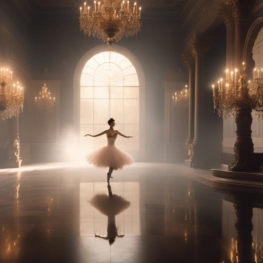 A dimly lit, ornate studio with a lone ballet dancer, spotlit, in a dramatic pose, surrounded by mirrors, barres, and elegant chandeliers, with a hint of misty fog and soft, golden lighting.