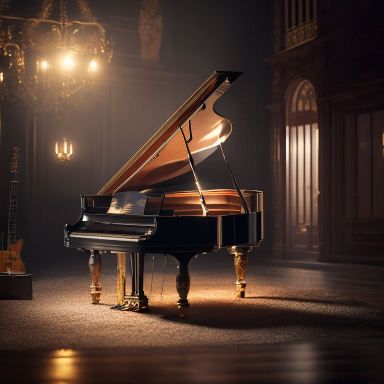 A warm, golden-lit grand piano stands alone on a dark, polished stage, surrounded by scattered sheets of music, with a few notes and chords scribbled in the margins, illuminated by a single, soft spotlight.