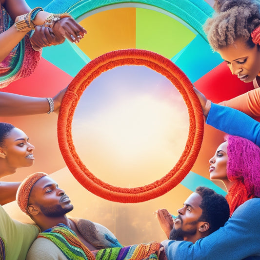 A vibrant, interconnected web of diverse individuals forming a circle, with radiating lines and colors symbolizing unity, support, and collective empowerment, set against a warm, sunny background.