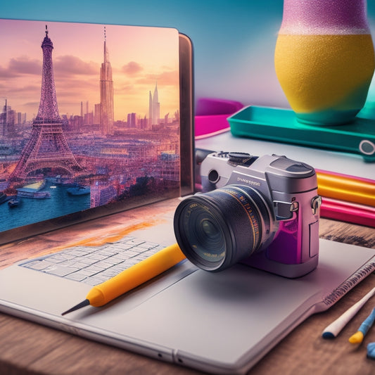 A stylized illustration of a passport with a paintbrush and a laptop bursting out of it, surrounded by vibrant colors and creative tools, set against a subtle cityscape background.