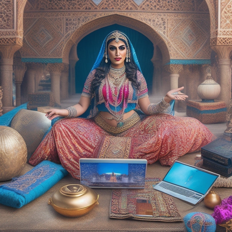 A whimsical illustration of a belly dancer surrounded by laptops, tablets, and smartphones, with swirling patterns of Middle Eastern architecture and intricate fabrics in the background.