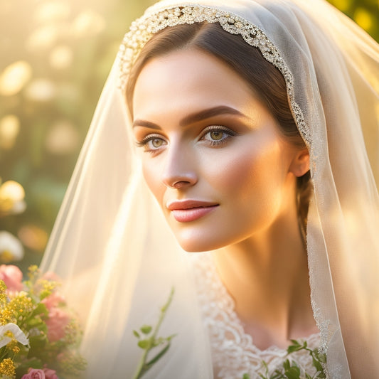 A soft, golden light illuminates a serene, natural setting: Raeanna, a beaming bride, sits in a lush garden, surrounded by delicate flowers, with a stunning, lace-trimmed veil framing her flawless, glowing complexion.