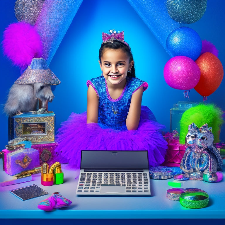 A colorful, whimsical illustration of a young girl, age 7-10, sitting in front of a laptop, with a mirror and makeup scattered around her, surrounded by dance costumes and accessories, with a big smile on her face.