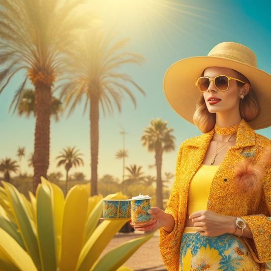 A whimsical illustration of a person wearing leg warmers, sunglasses, and a summer hat, standing in front of a bright yellow sun with palm trees and floral patterns in the background.