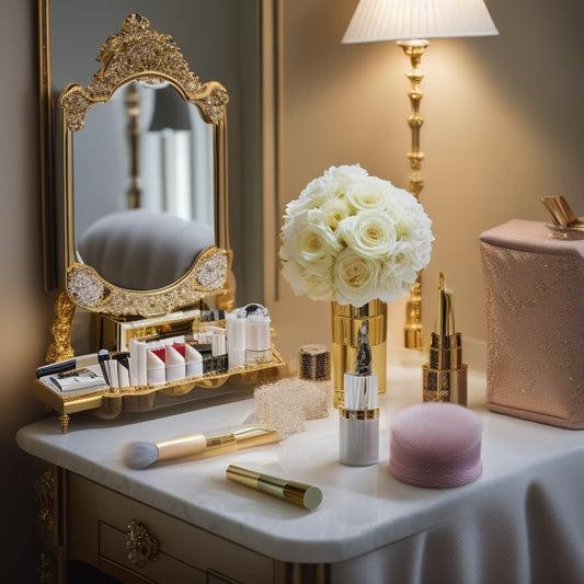 A serene, elegantly-lit vanity table with a lace wedding veil draped over a velvet stool, surrounded by an array of luxurious makeup products, brushes, and mirrors in soft, golden light.