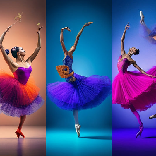 A vibrant, stylized illustration featuring four interconnected dance-themed silhouettes: a ballet dancer en pointe, a jazz dancer in a dynamic pose, a Latin dancer with flowing skirt, and a smooth dancer in a elegant stance.